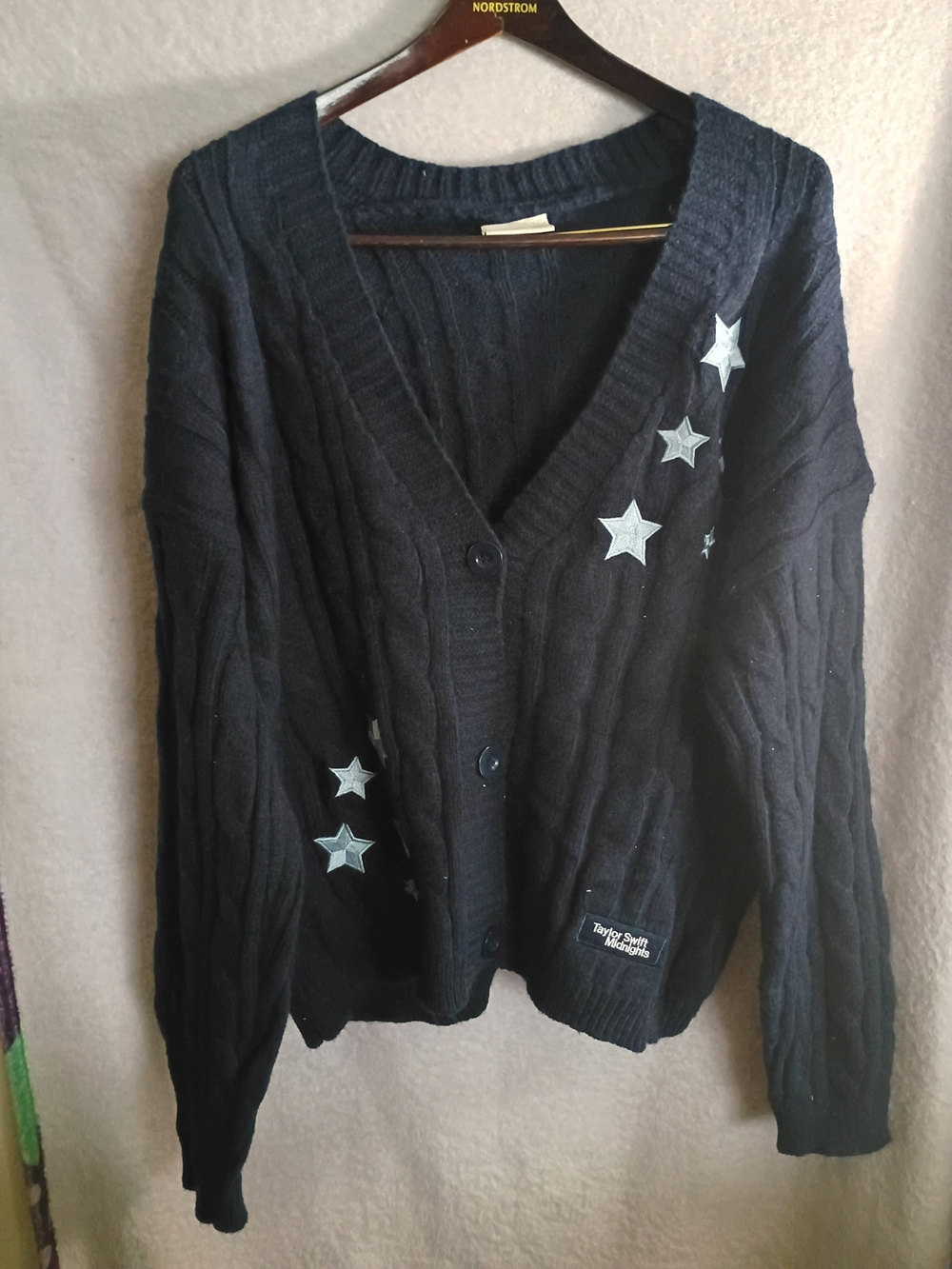Taylor Swift Navy Cable Knit Cardigan with Baby Blue Star Appliqués-XL-2X